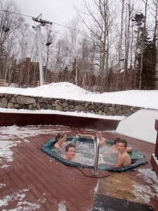 These scouts are tough - Hunter, Caleb and Levi in the outdoor hot tub - temp about 15 degrees!